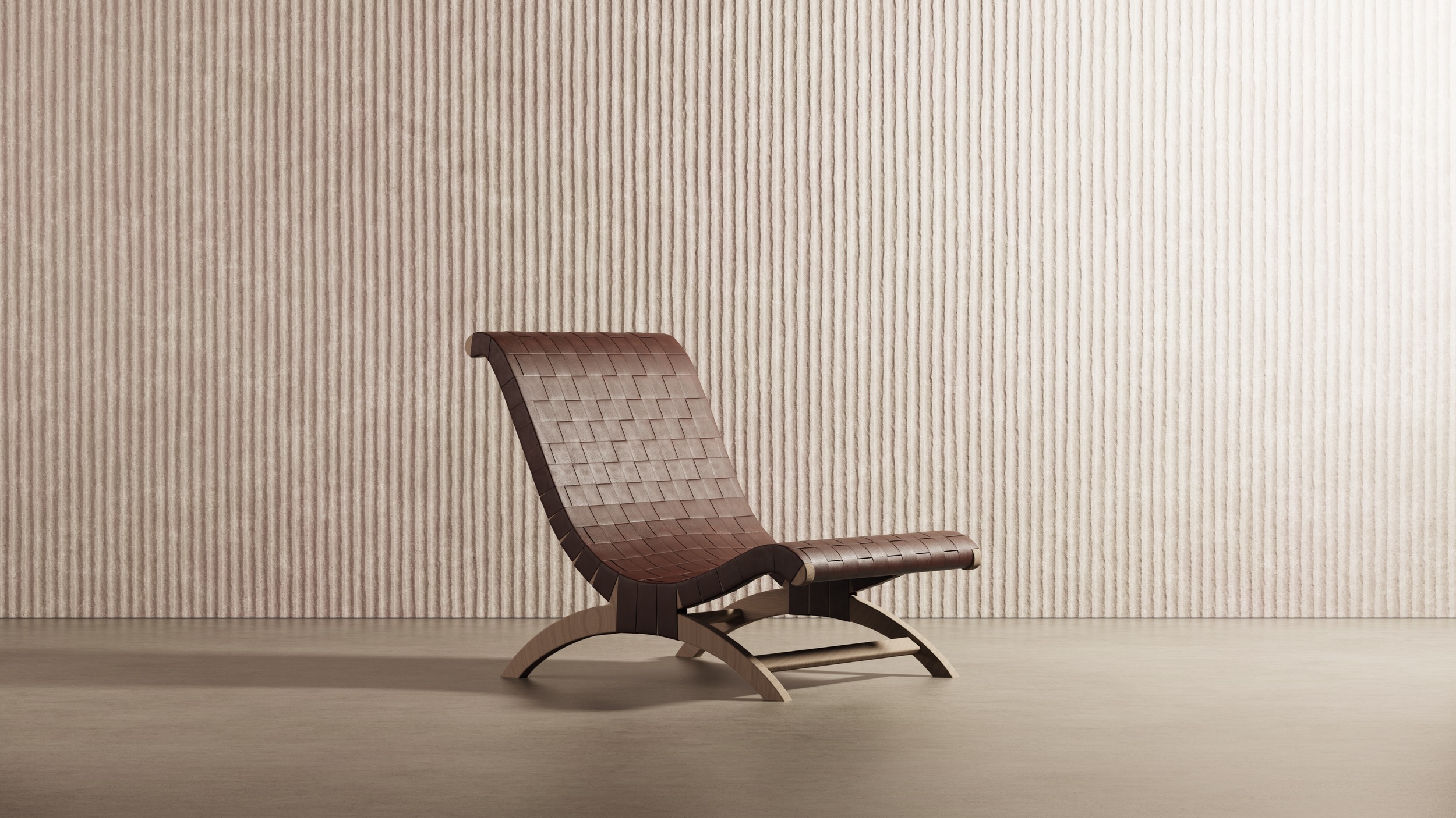 Butaque listening chair with a woven brown seat and curved wooden frame